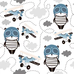 Tuinposter Dieren onderweg Naadloze patroon met schattige panda in pilot cap en retro vliegtuigen. Creatieve kinderachtige textuur voor stof, verpakking, textiel, behang, kleding. vector illustratie