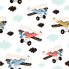 Seamless pattern with retro air planes in the sky. Creative childish texture. Great for fabric, textile Vector Illustration © solodkayamari