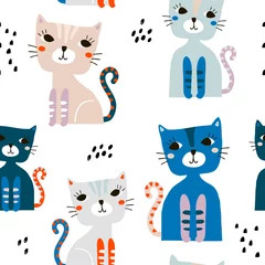 Photo sur Plexiglas Chats Modèle sans couture avec des chats colorés mignons et des éléments dessinés à la main. Texture enfantine créative. Idéal pour le tissu, textile Vector Illustration