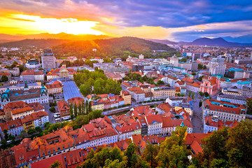 Sunset above Ljubljana aerial view