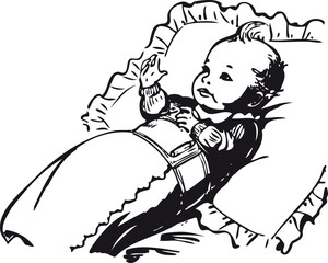 Baby on a pillow, Retro Vector Illustration