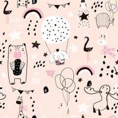 Seamless childish pattern with cute hand drawn animals and textures. Creative kids texture for fabric, wrapping, textile, wallpaper, apparel. Vector illustration