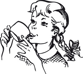 Girl drinking a cup of Chocolate, Retro Vector Illustration