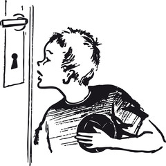 Boy looking through a keyhole, Retro Vector Illustration