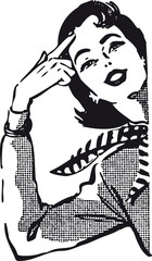 Woman pointing at her head, Retro Vector Illustration