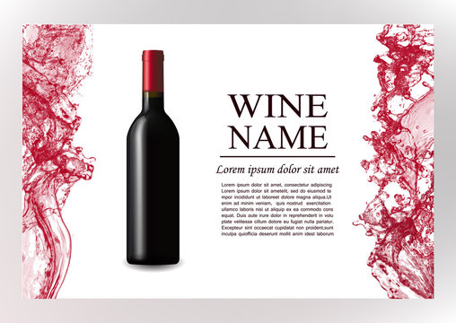 Advertising magazine page,wine presentation brochure. Illustration of a dark bottle of red wine in photorealistic style. A realistic object on stylish background with splashes of wine and text .Vector