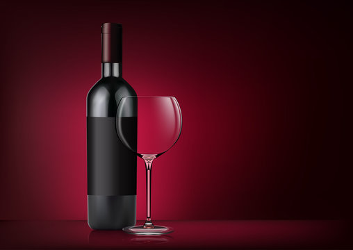 Vector image of a bottle of red wine with label and a glass goblet in photorealistic style on a red dark background. 3d realism illustration