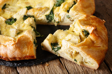Sliced pie with artichokes, cheese and spinach close-up. horizontal