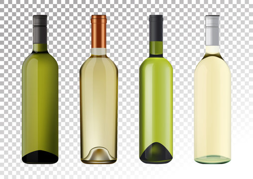 Vector illustration. Set of white wine bottles in photorealistic style. A realistic objects on a transparent background. 3D Realism.
