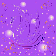 Fototapeta na wymiar swan 15. graceful swan on the water on a lilac background with hearts