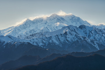 Fototapeta na wymiar Italian Alps: Monte Rosa mountain range seen from the Valsesia, Piedmont, at sunset.