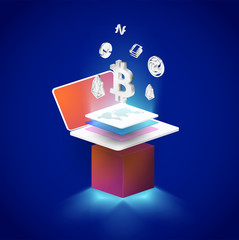 Cryptocurrency and blockchain isometric composition with Isometric phone, laptop. Smart object and smart technology design. 3d vector illustration. analysts and managers working on blockchain start up