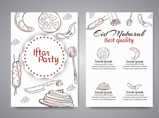 Arabic meals restaurant menu. Ramadan greeting card. Iftar Party Vector