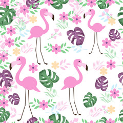 Cute flamingo bird seamless pattern with tropical leaves and flower. Vector illustration.