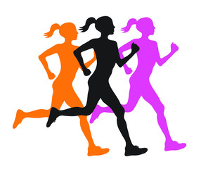 Plakat three silhouette of running women profile black, orange and pink, vector eps10 illustration