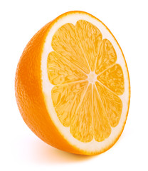 Perfectly retouched sliced half of orange fruit solated on the white background with clipping path. One of the best isolated oranges halves slices that you have seen.