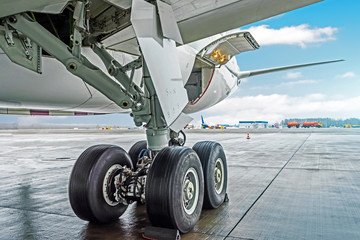 Fototapeta premium Wheels rubber tire rear landing gear racks airplane aircraft, under wing view.