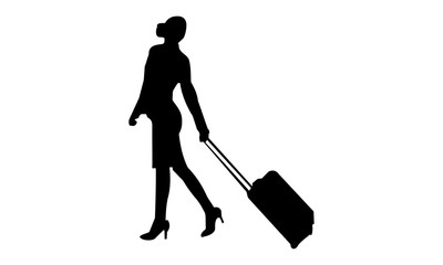 silhouette girl walking while pulling suitcase