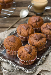 Chocolate muffins with chocolate chips and chocolate heart