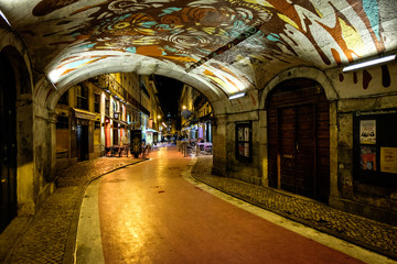 Pink street of Lisbon, Portugal. Colorful street. Night shot.  Rua Cor-de-Rosa.