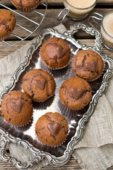 Chocolate muffins with chocolate chips and chocolate heart