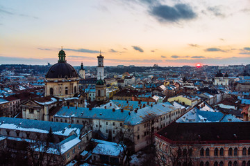 Fototapeta na wymiar bird's eye view on old european town on sunset