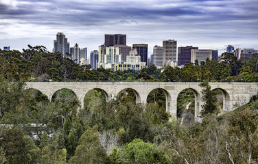 San Diego, California, USA. This is the Cabrillo bridge, Iconic arched car & pedestrian bridge built in 1915, providing access to Balboa Park & museums.