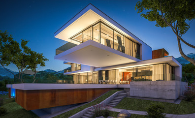 Fototapeta premium 3d rendering of modern house by the river at night