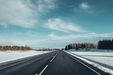 Empty road on a sunny winter day with forest in the horizon