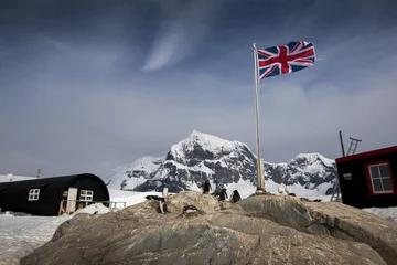 Gordijnen Een Britse vlag wappert over Port Lockroy Antarctica, de thuisbasis van het meest zuidelijke postkantoor op aarde. Dit onderzoeksstation staat bekend als het Penguin Post Office vanwege een kolonie ezelspinguïns daar. © Chris