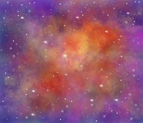 Red, purple and orange space illustration background with a bright white stars