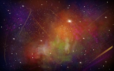 Red, purple, orange space illustration background with a bright white stars