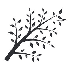 Branch with leaves, vector floral design element. Black on white background.