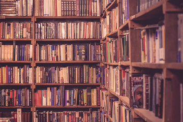 Vintage bookshelves texture in the bookshop