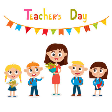 Vector illustration of teacher and pupils isolated on white.
