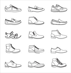 Shoes icons set. Footwear icons set. Set of shoes icons in a linear style. Collection of shoes pictograms. Shoe icons on white background. Vector illustration Eps10 file