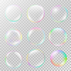 Realistic soap bubble set with rainbow reflection