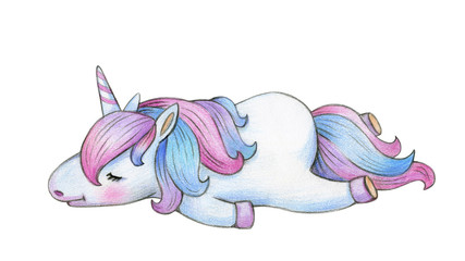  Cute sleeping  unicorn cartoon, isolated on white.