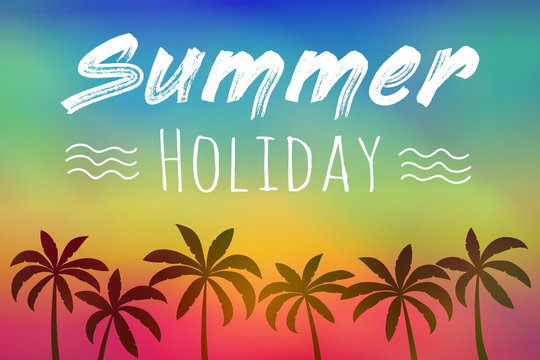 Summer calligraphy. Colourful poster with palm trees and text. Vector.