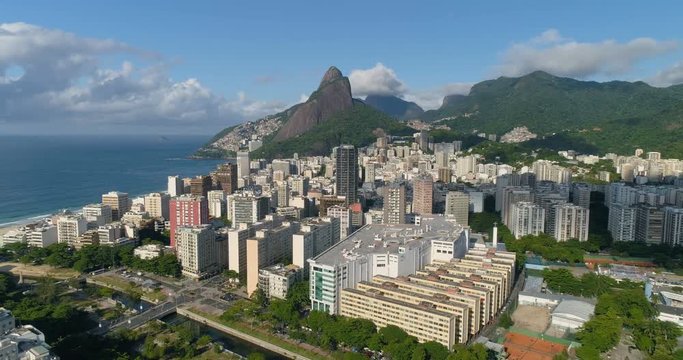 Aerial view above Ipanema city buildings and Two Brother Mountains in the distance. Rio de Janeiro, Brazil