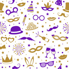 Party background with golden elements - seamless pattern. Vector.