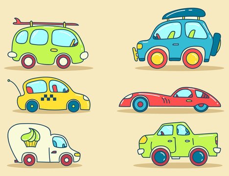 Vector set of cars images stylized for children