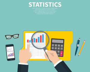 Statistical data presented. Financial report. Research, project management, planning, accounting, analysis, statistics concept. Flat cartoon design, vector illustration on background.