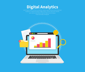 Digital analytics, Web content, data analysis, web traffic banner. Flat cartoon design, vector illustration on background.