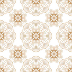 Seamless mehndi pattern brown beige floral lace of buta decoration items on white background.