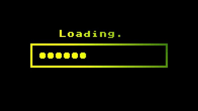 Retro vintage 8-bit computer loading text with a progress bar made of round dots, with color hue (shift) from green to yellow. The word Done appears at the end.
