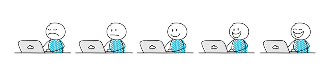 Funny stickmen with different facial expressions working on laptop - big set. Vector.