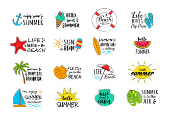 Naklejka na ściany i meble Collection of summer icons - decorations with text. Vector.