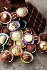 a lot of variety chocolate pralines, belgian confectionery gourmet chocolate.