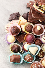 a lot of variety chocolate pralines, belgian confectionery gourmet chocolate.